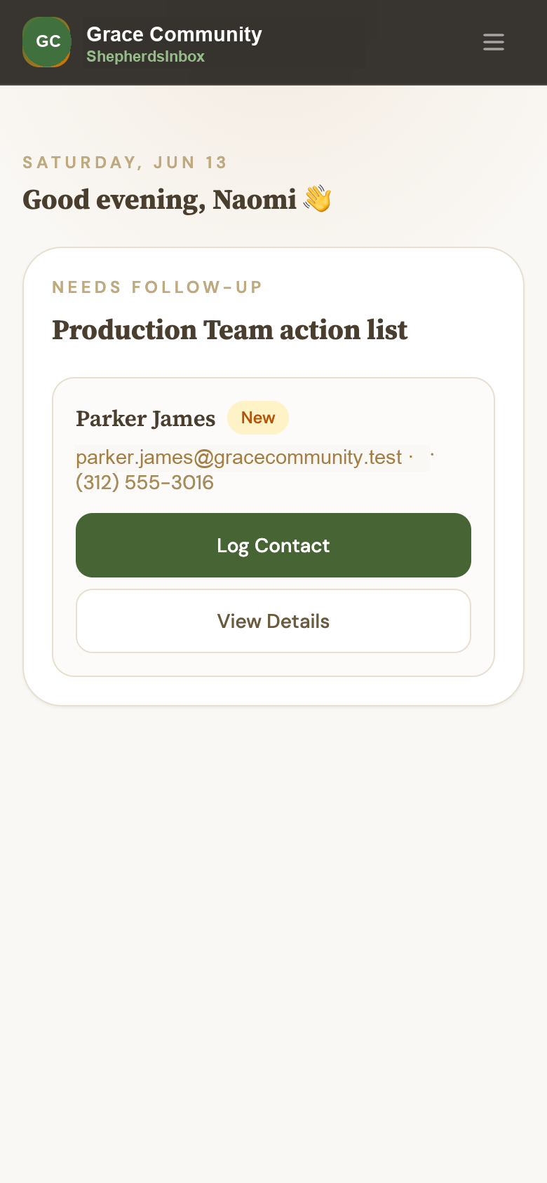 Mobile leader queue showing assigned ministry follow-ups, days waiting, and Log Contact actions.