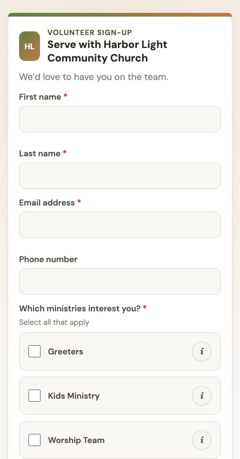 Your church’s volunteer signup form on a phone, with your logo and ministries to choose from.