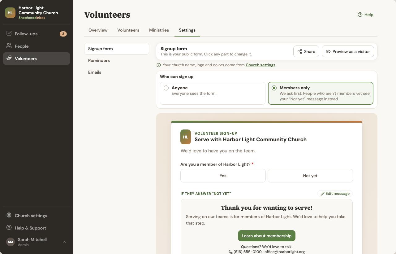 Volunteers settings: the signup form with your questions.