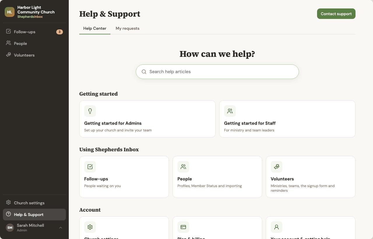 The Help Center inside the app, with topics and articles.
