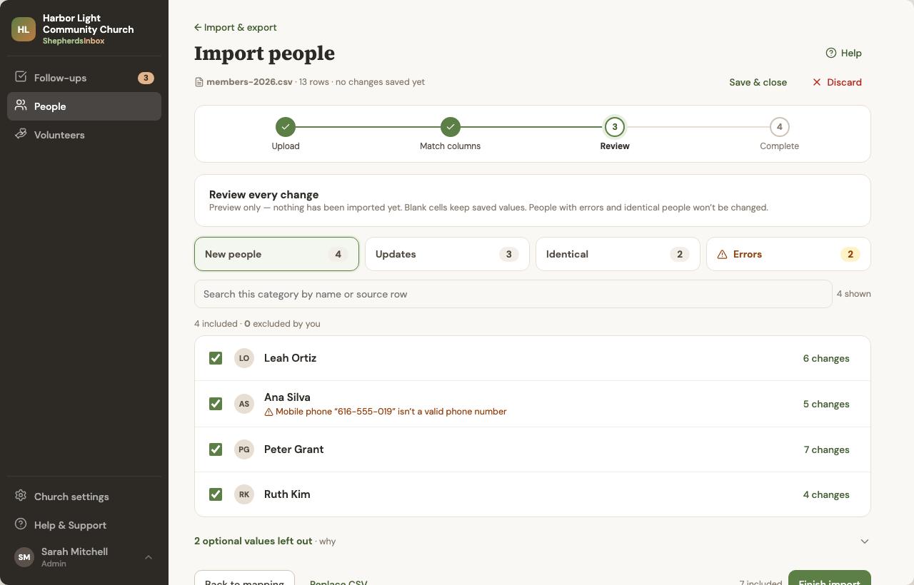 Import review: how many people will be added or updated before you confirm.