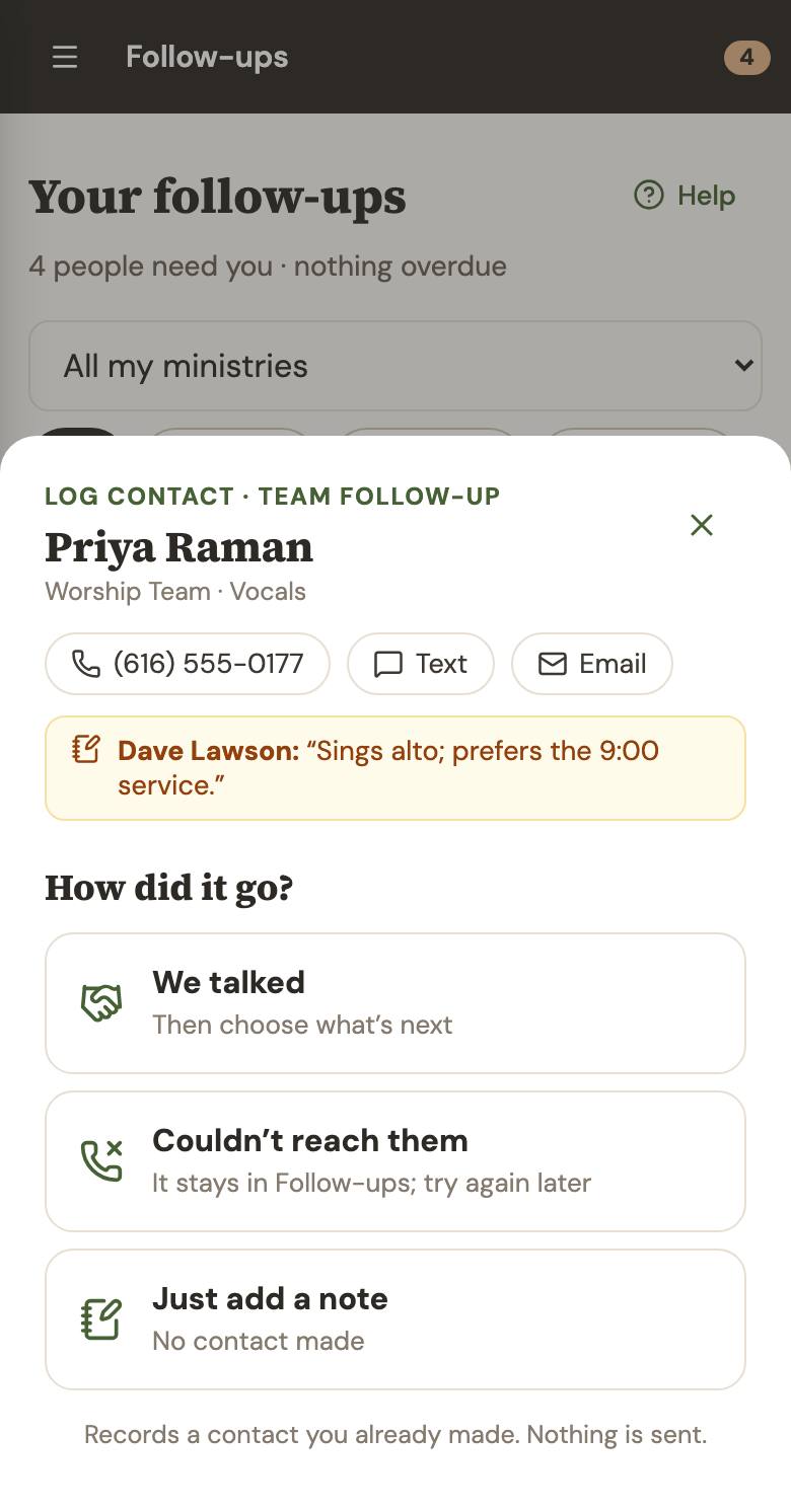 Logging a contact on a phone: call, text or email the person, then choose We talked, Couldn’t reach them, or Just add a note.