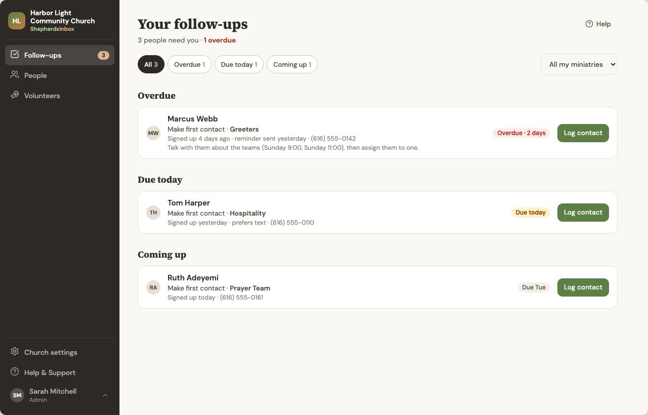 Your follow-ups on a computer: three people need a follow-up, grouped into Overdue, Due today and Coming up, each with a Log contact button.