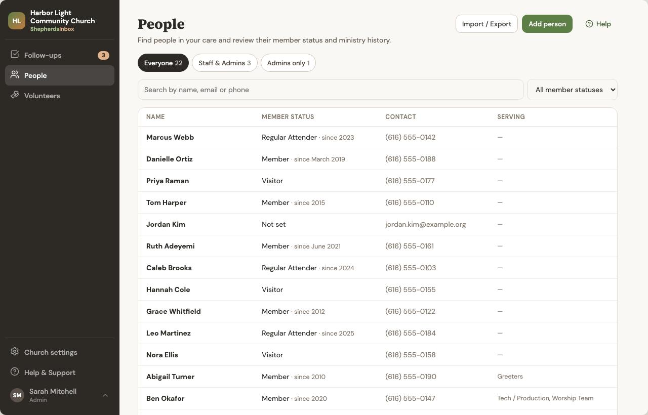 The People directory with search and filters.