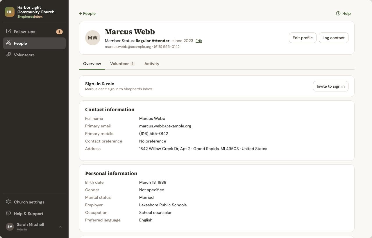 A person’s record: contact details, Member Status with member since date, and their ministries.