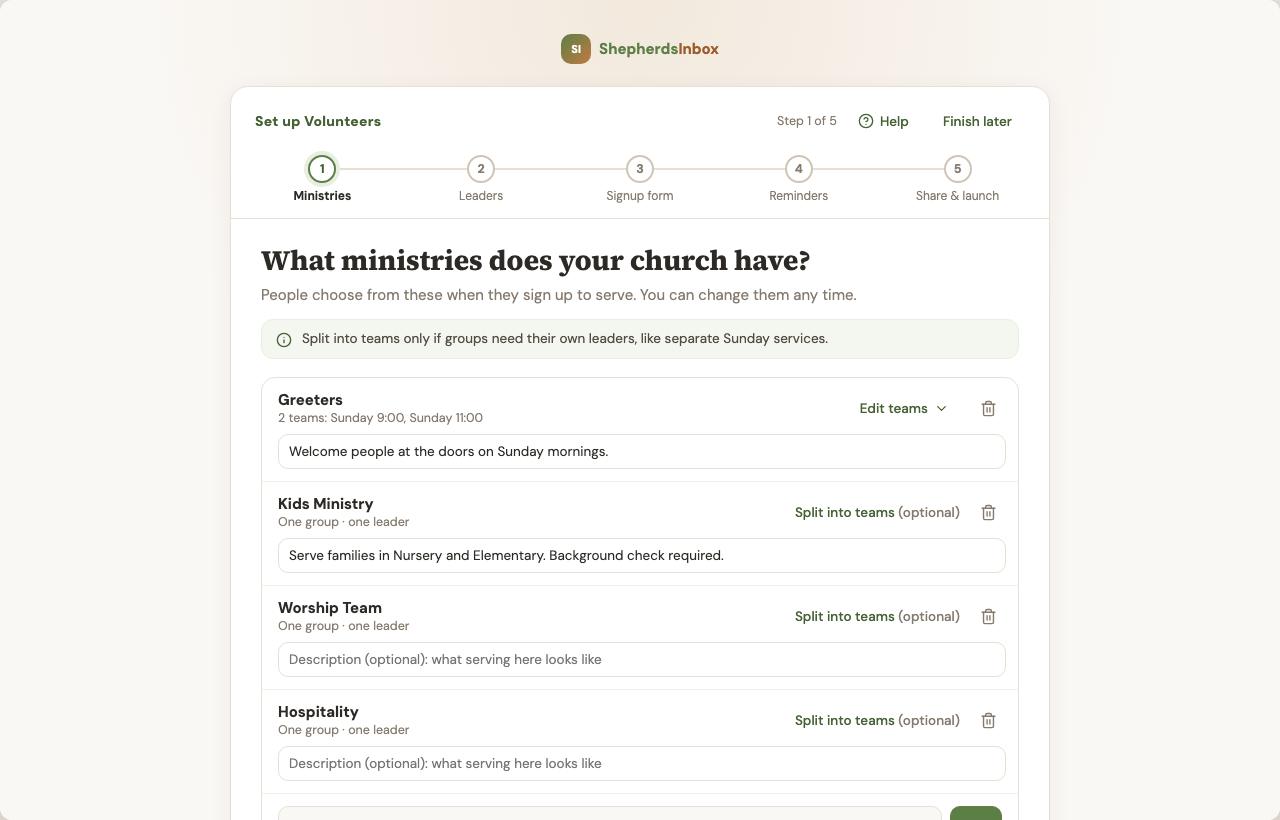 Volunteers setup, step 1 of 5: add your ministries.